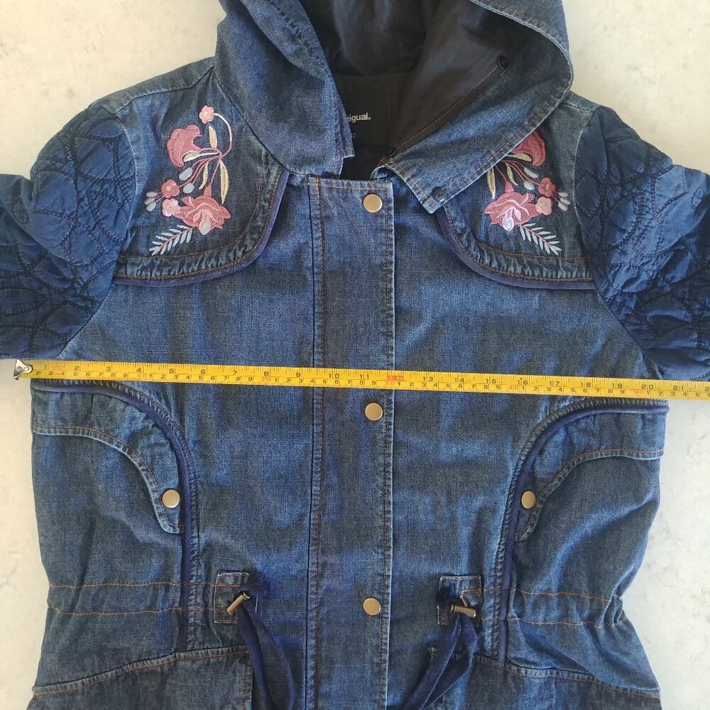 Desigual cotton denim embroidered parka style jacket blue quilted sleeves 10 - Picture 16 of 16